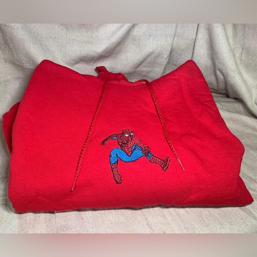 Embroidered Spider Man on red Hanes EcoSmart hoody. Size large.